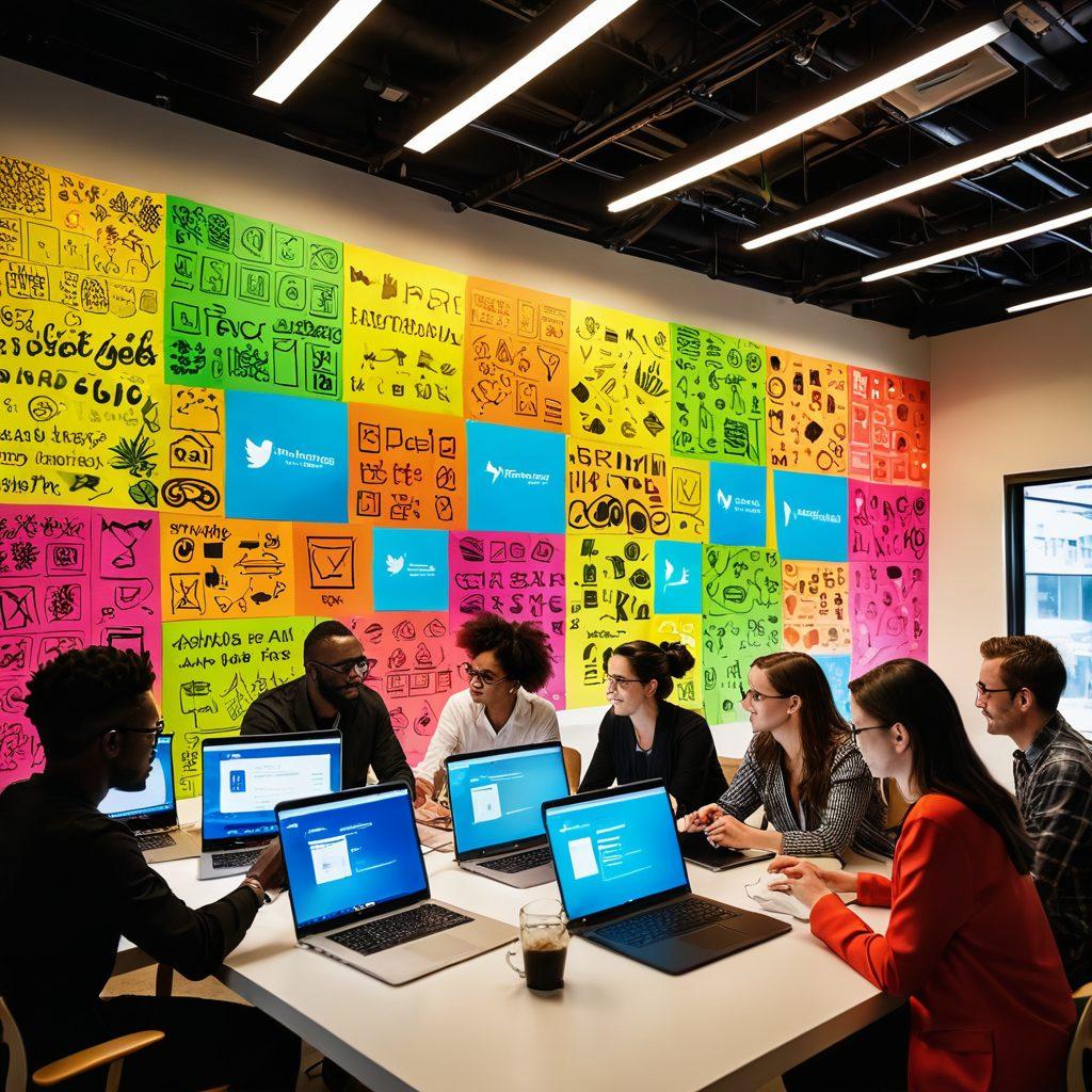 A diverse group of bloggers collaborating around a large digital screen displaying vibrant graphs and social media icons. The scene showcases tools like laptops, tablets, and smartphones filled with vibrant blog designs. The ambiance reflects a warm and inviting community space, complete with plants and colorful post-it notes. Add a sense of excitement and innovation with bright lighting. super-realistic. vibrant colors.