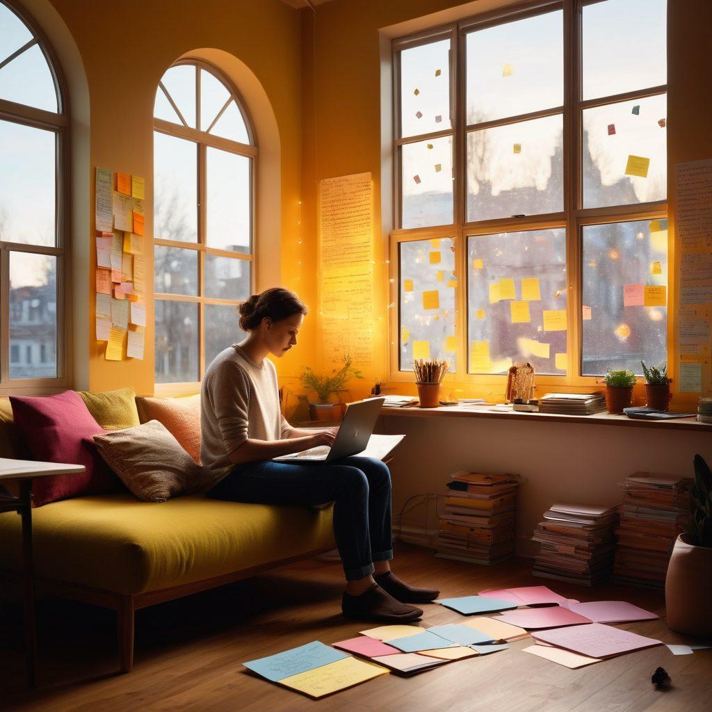 A person sitting at a creative workspace, surrounded by open notebooks, a laptop with glowing ideas illuminating from the screen, and vibrant sticky notes filled with brainstorming concepts. Sunlight streams through a window, highlighting the energetic atmosphere. Include digital graphics of connecting dots and pathways symbolizing ideas transforming into impact. super-realistic. vibrant colors. cozy ambiance.
