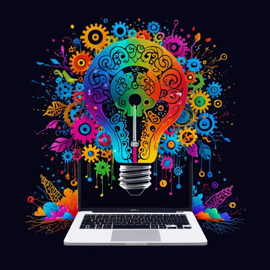 A luminous key unlocking a colorful brain, with swirling creative ideas like paint splashes, doodles, and written words emerging from it. The background features an open notebook and a laptop, symbolizing the blogging journey. Enhance the scene with playful elements like lightbulbs and gears to represent inspiration and productivity. super-realistic. vibrant colors.